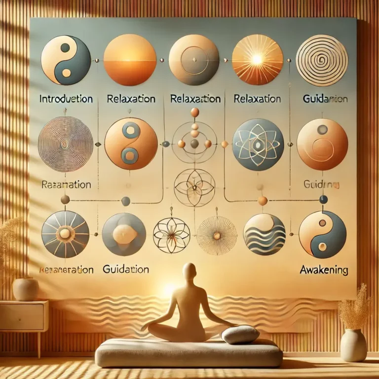 Infographie détaillant les étapes d’une séance d’hypnothérapie, avec des éléments visuels symbolisant relaxation, guidance et éveil.