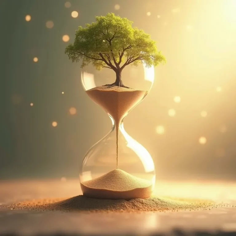Illustration symbolique d’un sablier représentant le passage du temps et d’un arbre de vie, reflétant la transformation et la croissance personnelle grâce à l’hypnose spirituelle.