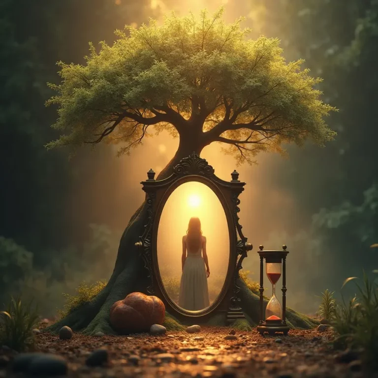 Une représentation onirique de l’hypnose régressive, symbolisée par un miroir enchâssé dans un arbre majestueux, permettant d’explorer les vies antérieures.