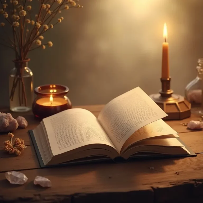 ivre ouvert sur une table en bois, entouré de bougies, cristaux et éléments spirituels, symbolisant la sagesse et la sérénité dans l’hypnose de régression.
