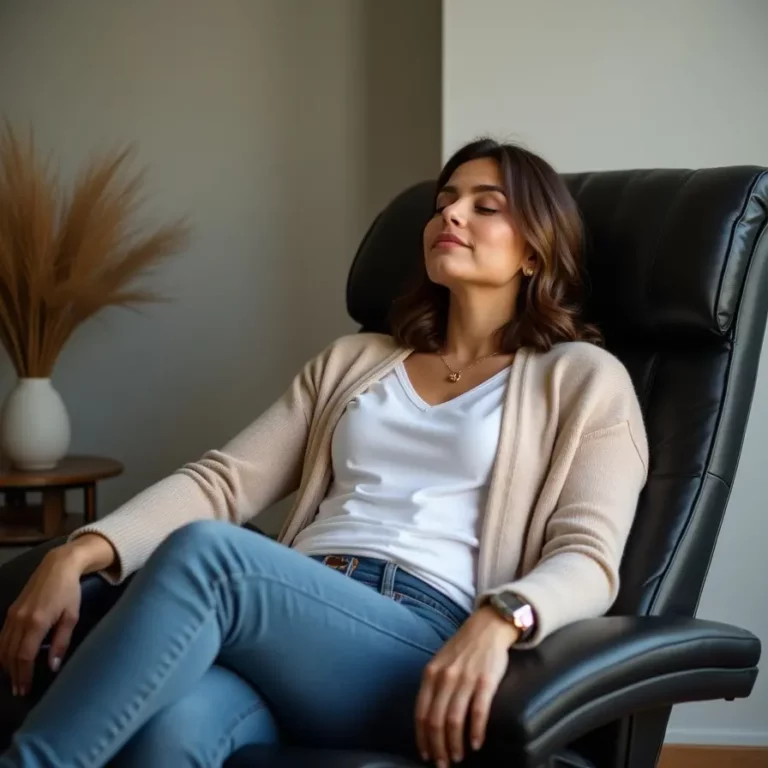 Une femme détendue pendant une séance d’hypnose pour gérer son anxiété. Elle est assise confortablement dans un fauteuil, respirant paisiblement.