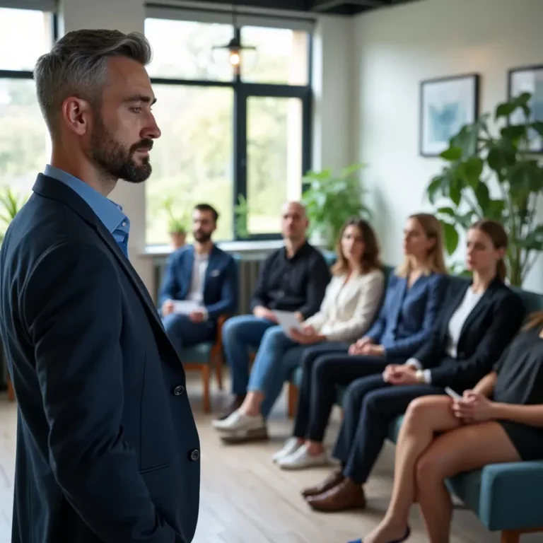 Une séance d’hypnose en entreprise animée par un expert, avec des employés attentifs dans un cadre professionnel et chaleureux.