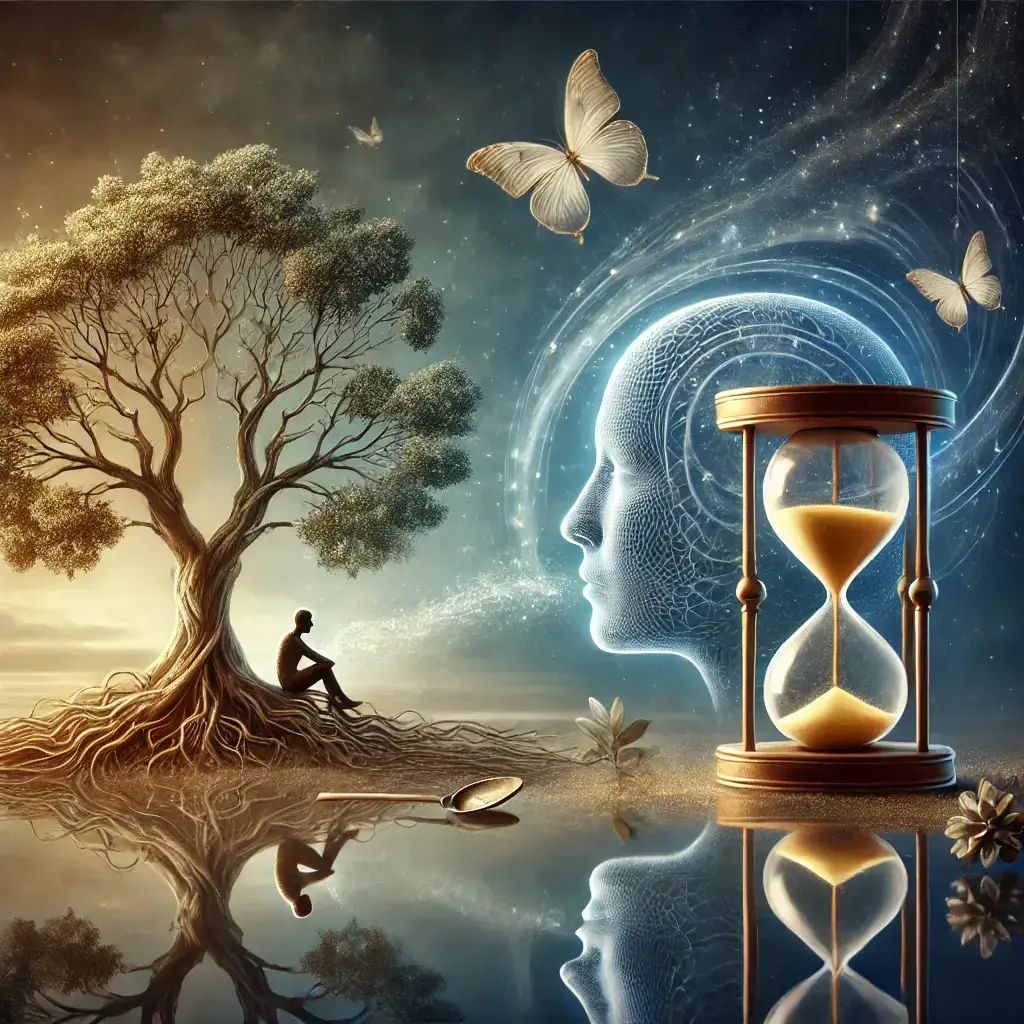 Illustration symbolique d’un arbre de vie, d’un sablier et d’un visage humain lumineux, représentant l’évolution spirituelle et la transformation intérieure grâce à l’hypnothérapie.