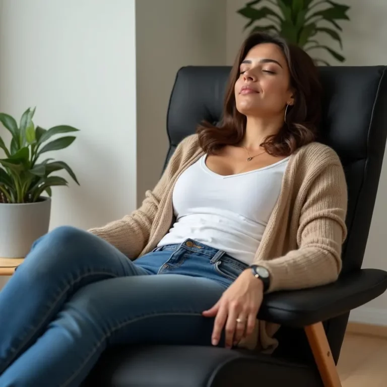 Femme détendue pendant une séance d’hypnothérapie, confortablement installée dans un fauteuil moderne et apaisant.