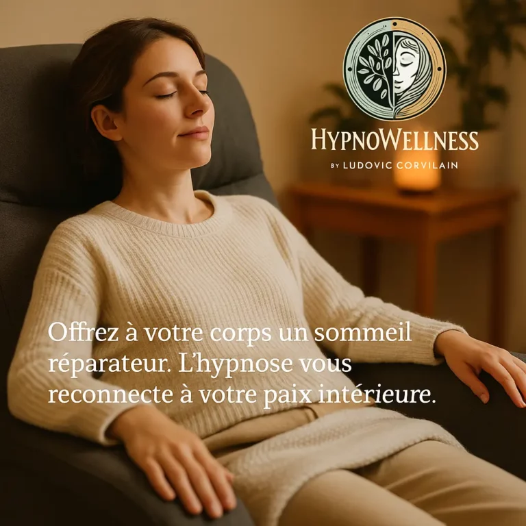 Femme détendue en hypnose dans un fauteuil, illustrant comment s'endormir rapidement grâce à l’hypnose.