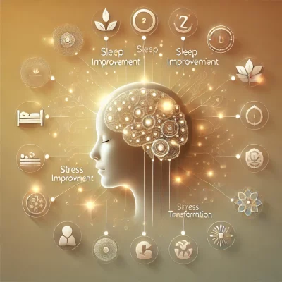 Infographie illustrant les bienfaits de l’hypnothérapie, notamment l’amélioration du sommeil et la gestion du stress, avec un cerveau stylisé au centre.