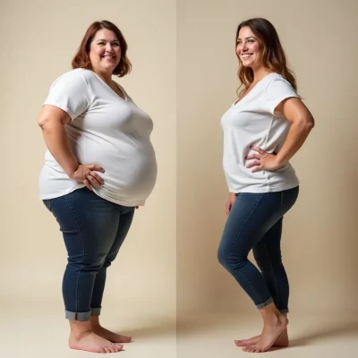 Transformation avant et après d'une femme ayant perdu du poids grâce à l'hypnose, affichant confiance et bonheur dans sa nouvelle apparence.