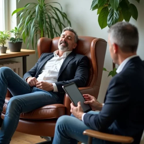 Personne détendue lors d’une séance d’hypnothérapie, confortablement installée sur un fauteuil moderne dans un environnement apaisant.